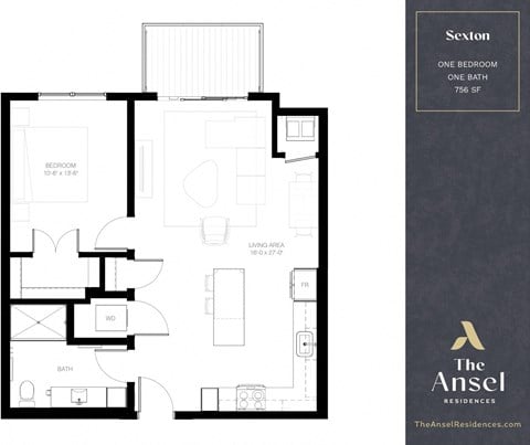 Floor plan for 1 bed, 1 bath, 756 sqft
