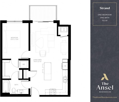 Floor plan for 1 bed, 1 bath, 712 sqft