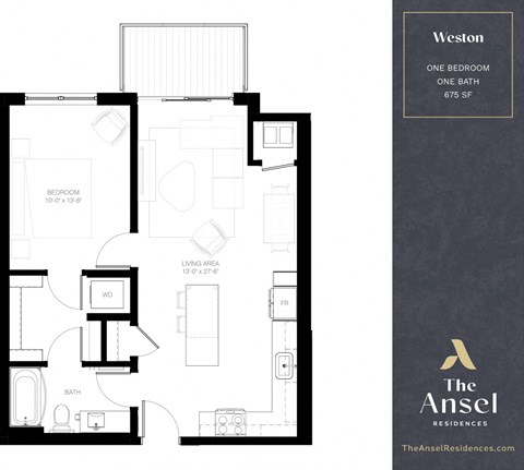 Floor plan for 1 bed, 1 bath, 675 sqft