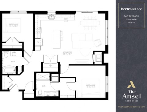 Floor plan for 2 beds, 2 baths, 1162 sqft