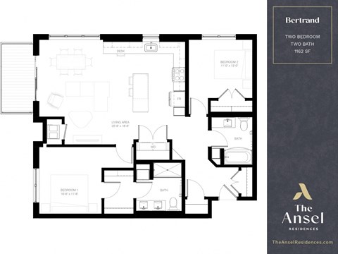Floor plan for 2 beds, 2 baths, 1162 sqft