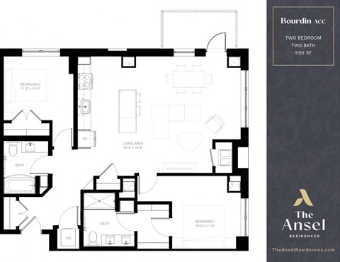 Floor plan for 2 beds, 2 baths, 1150 sqft