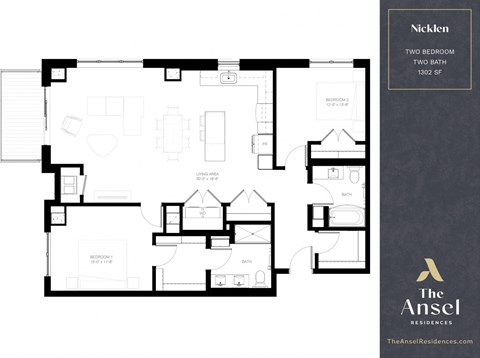 Floor plan for 2 beds, 2 baths, 1302 sqft