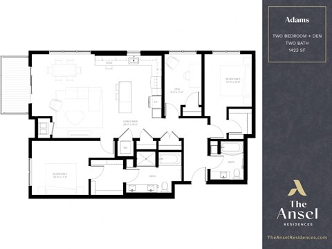 Floor plan for 2 beds, 2 baths, 1423 sqft