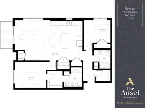 Floor plan for 2 beds, 2 baths, 1315 sqft