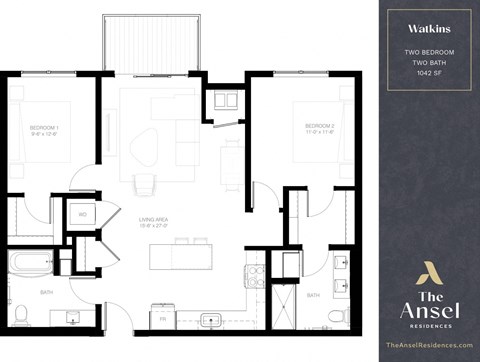 Floor plan for 2 beds, 2 baths, 1042 sqft