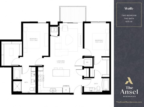 Floor plan for 2 beds, 2 baths, 1075 sqft