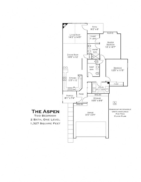 Floor plan for 2 beds, 2 baths, 1327 sqft