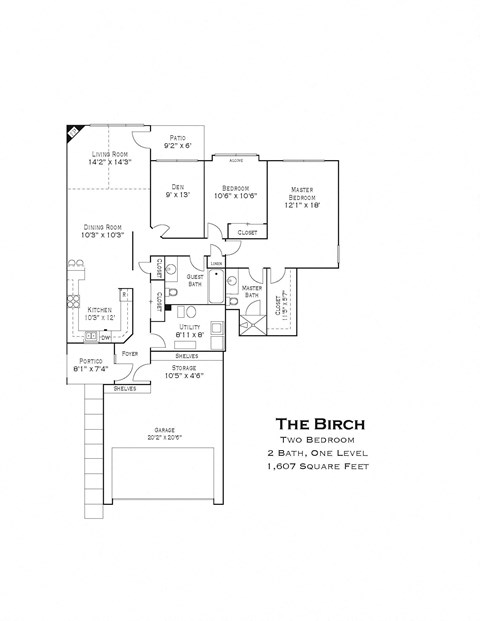 Floor plan for 2 beds, 2 baths, 1607 sqft