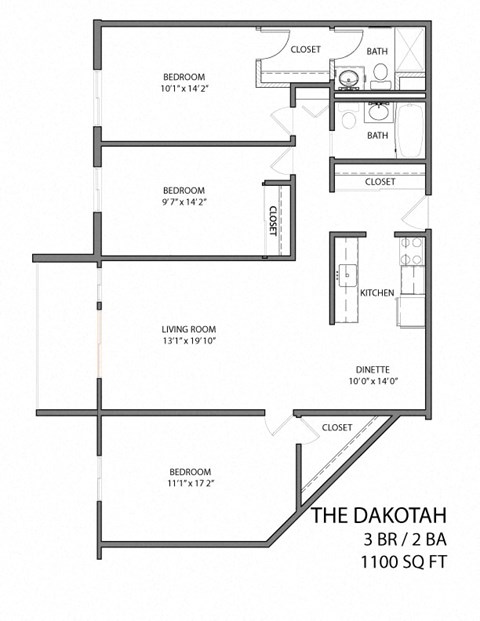 Floor plan for 3 beds, 2 baths, 1100 sqft
