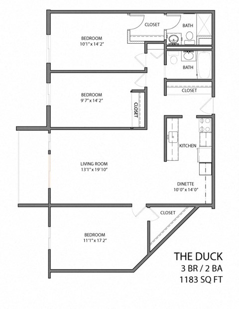 Floor plan for 3 beds, 2 baths, 1100 sqft