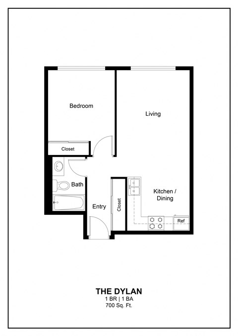 Floor plan for 1 bed, 1 bath, 700 sqft