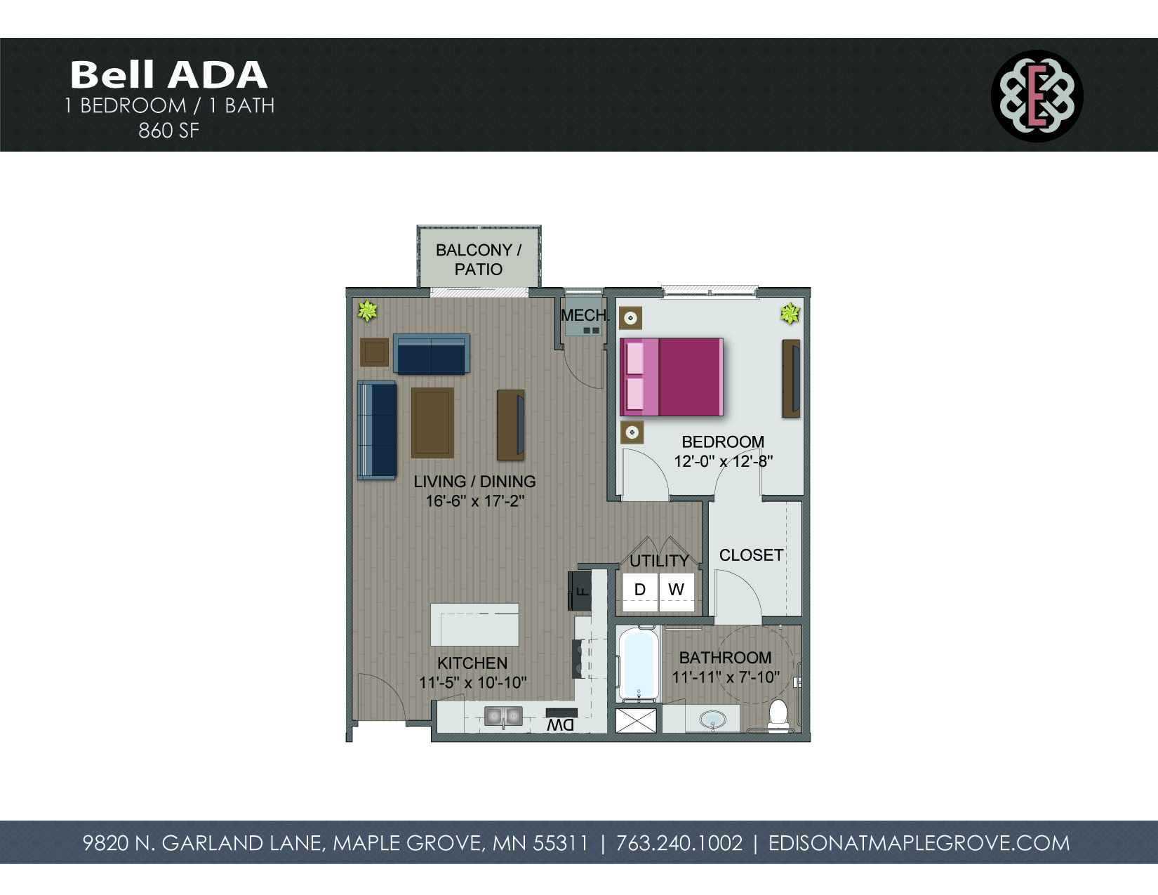 Floor plan for 1 bed, 1 bath, 860 sqft