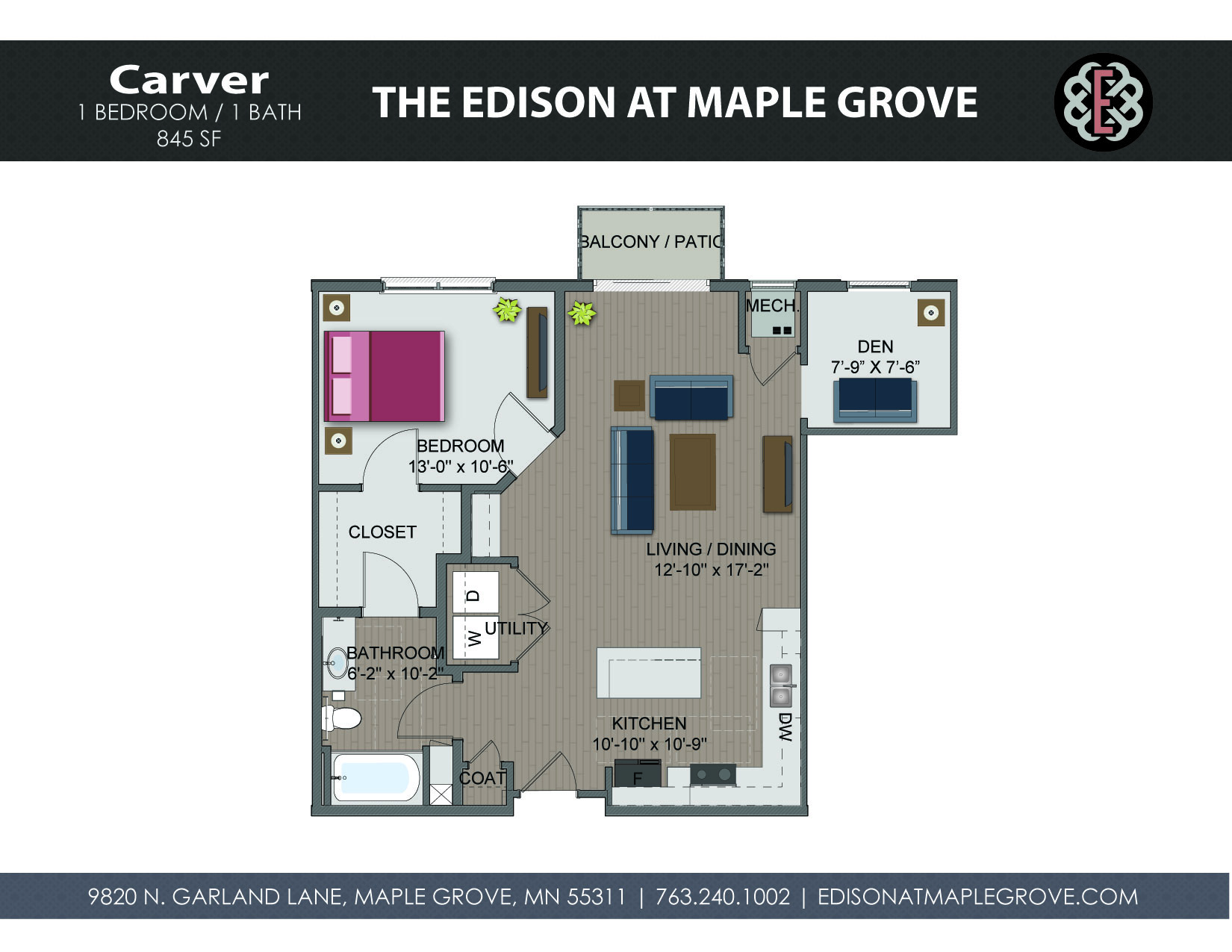 Floor plan for 1 bed, 1 bath, 845 sqft