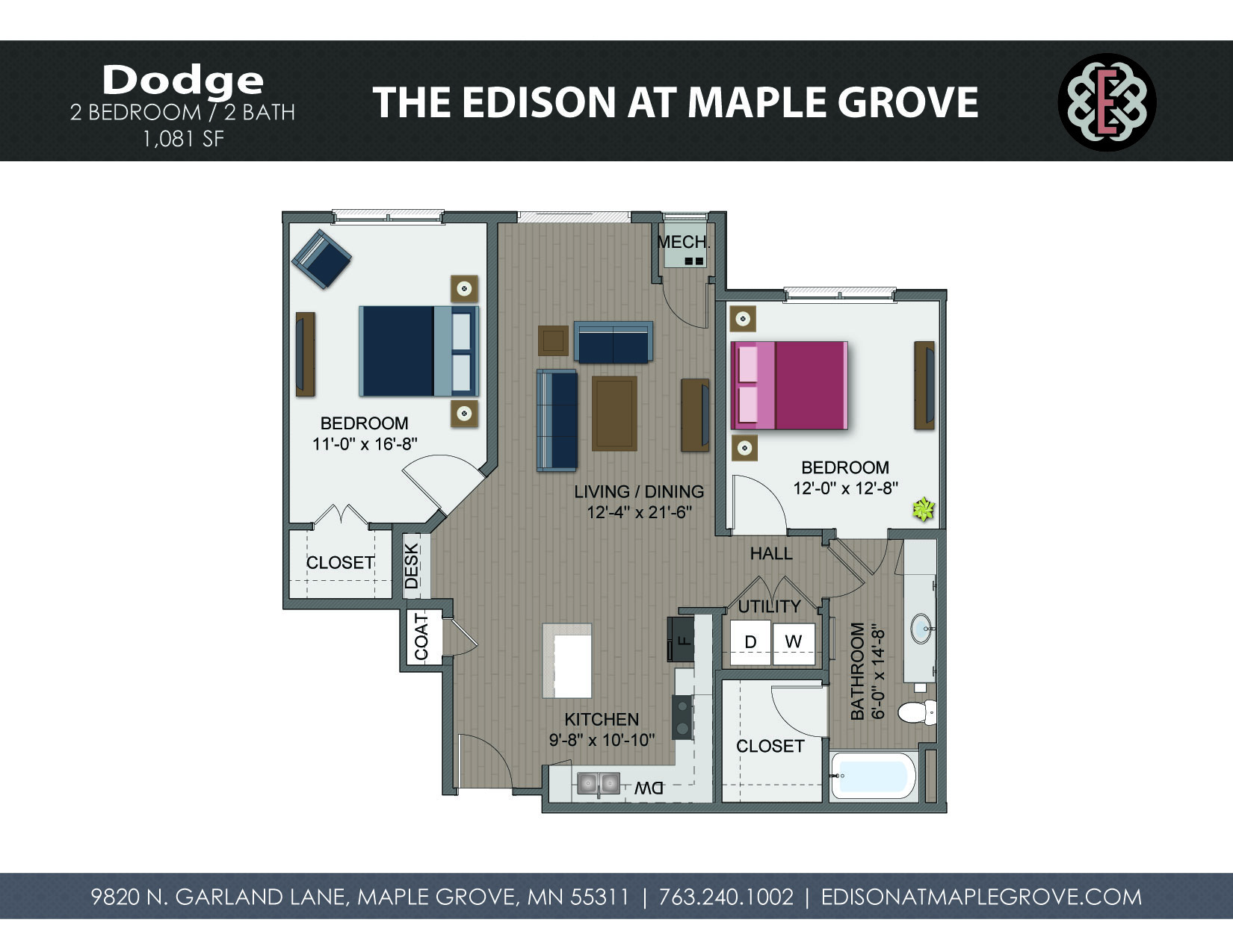 Floor plan for 2 beds, 1 bath, 1081 sqft