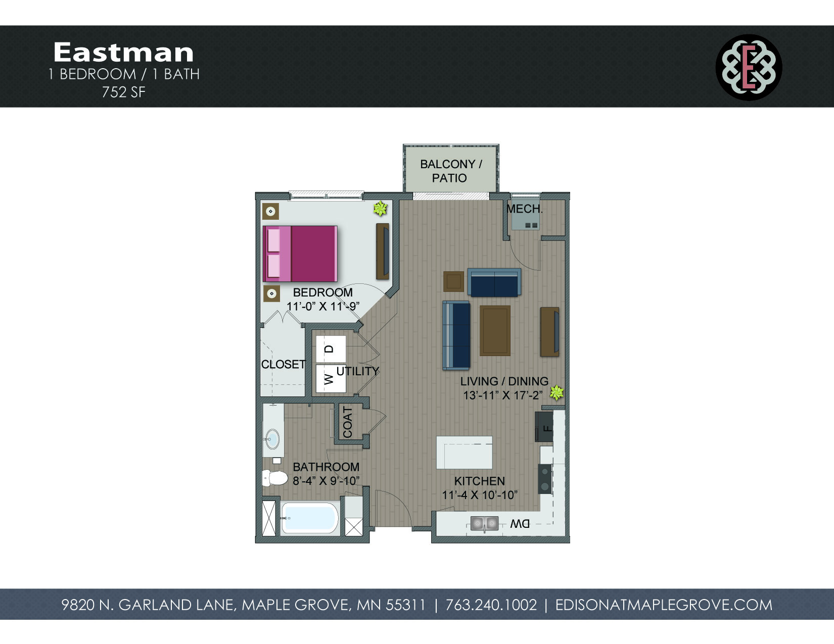 Floor plan for 1 bed, 1 bath, 752 sqft
