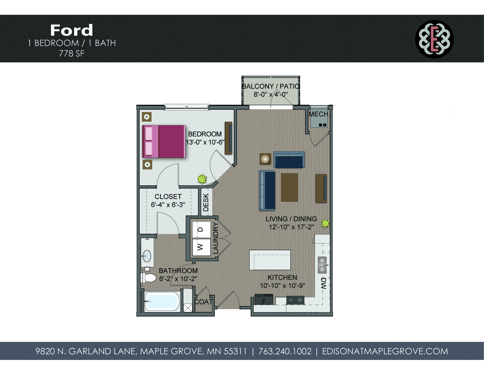 Floor plan for 1 bed, 1 bath, 778 sqft