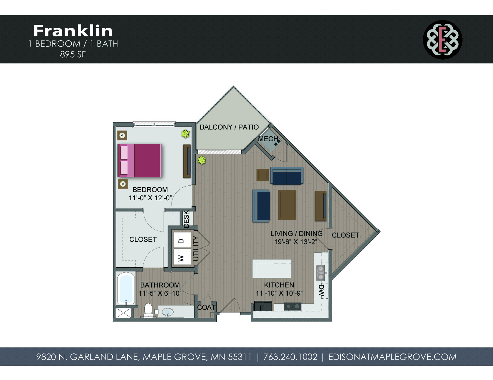 Floor plan for 1 bed, 1 bath, 895 sqft