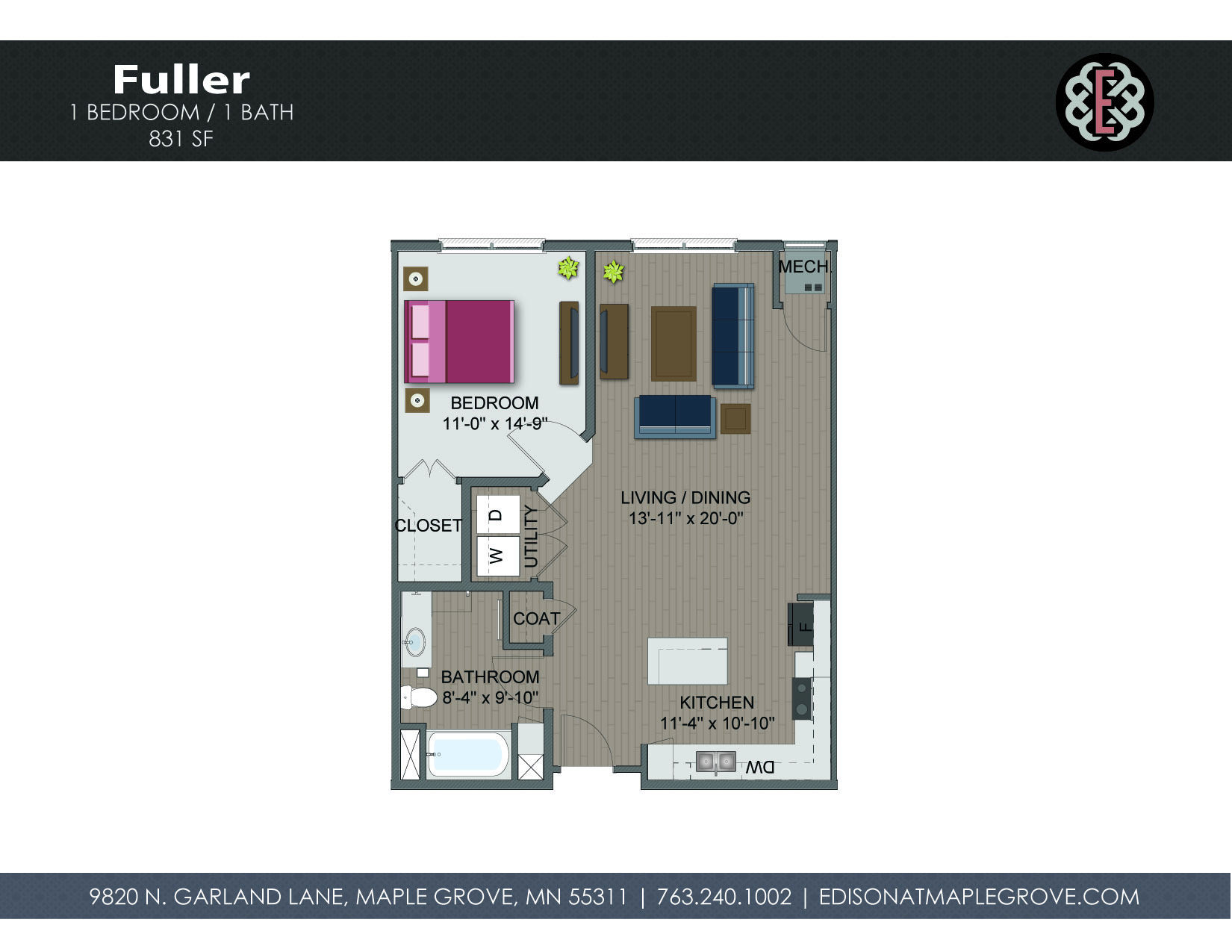 Floor plan for 1 bed, 1 bath, 831 sqft
