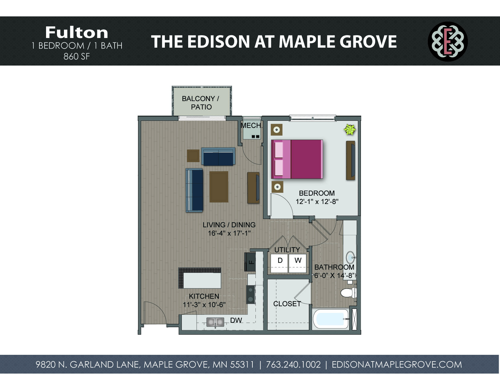 Floor plan for 1 bed, 1 bath, 860 sqft