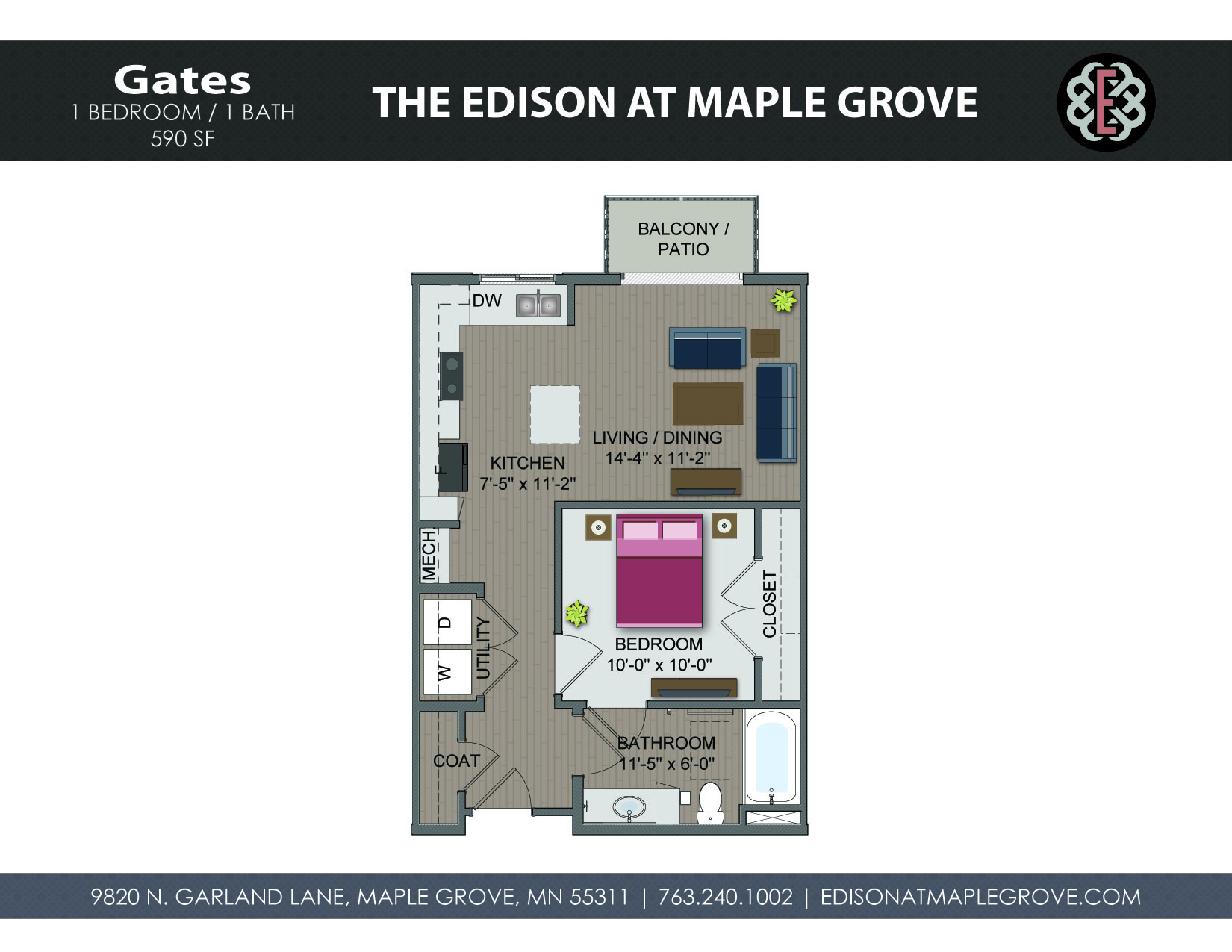 Floor plan for studio, 1 bath, 590 sqft