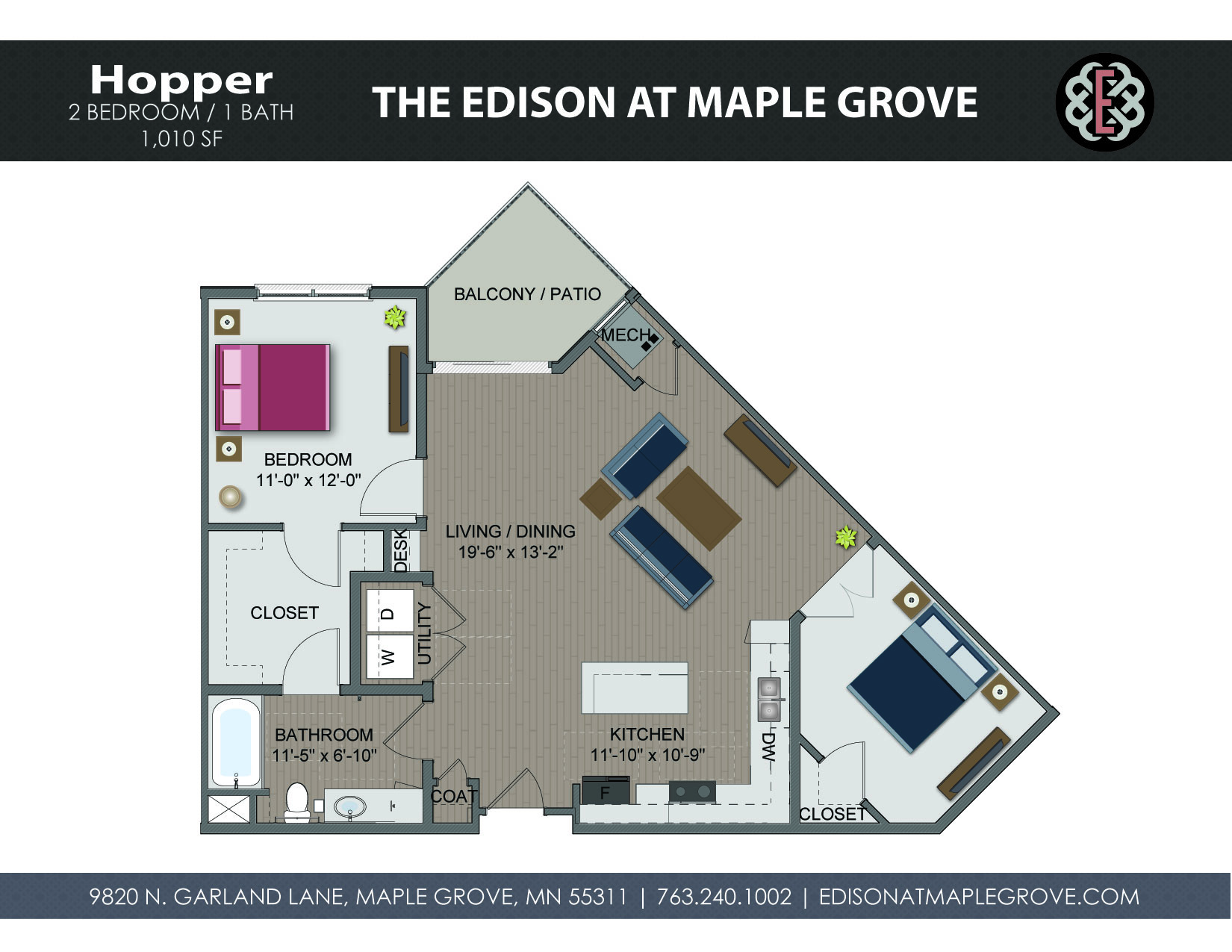 Floor plan for 1 bed, 1 bath, 1010 sqft