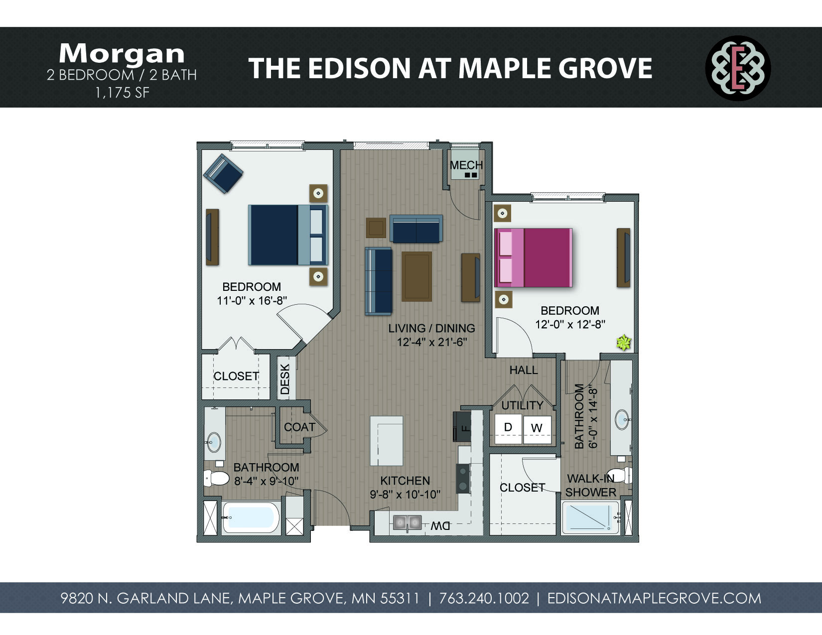 Floor plan for 2 beds, 2 baths, 1175 sqft
