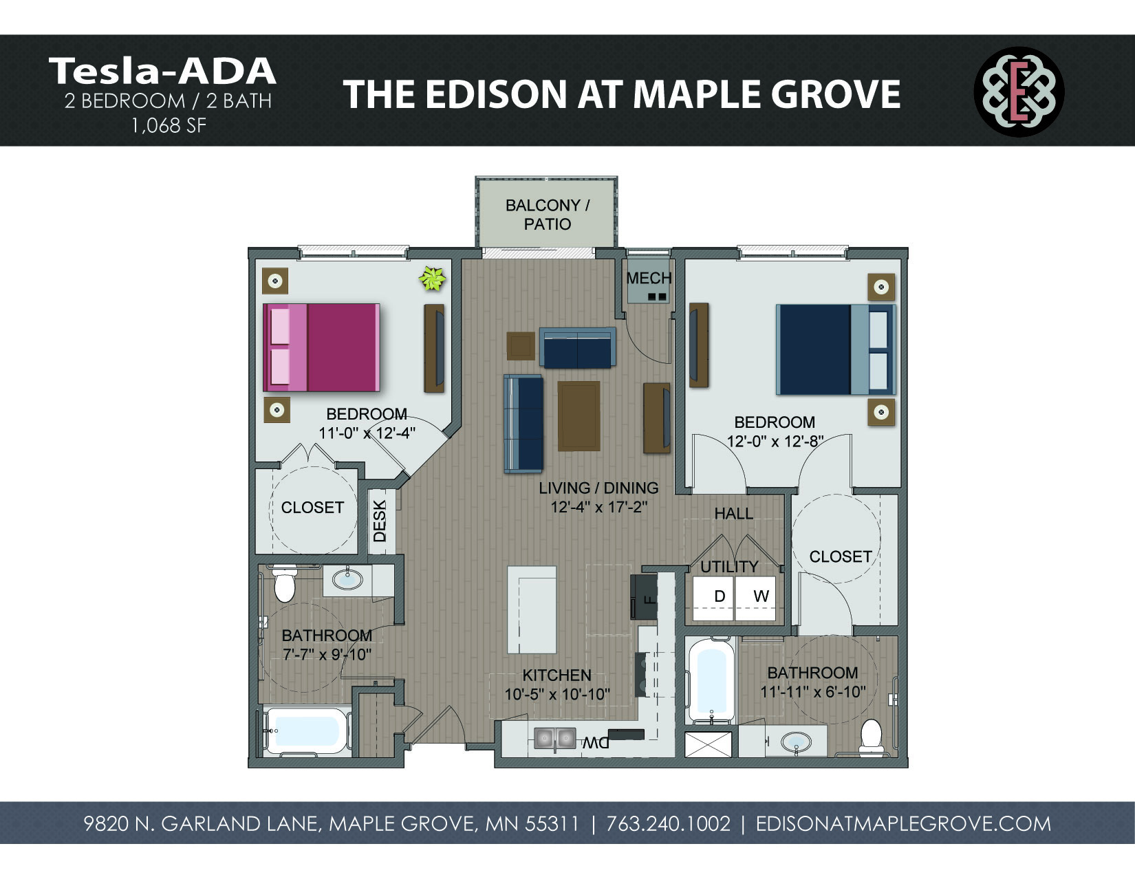 Floor plan for 2 beds, 2 baths, 1068 sqft