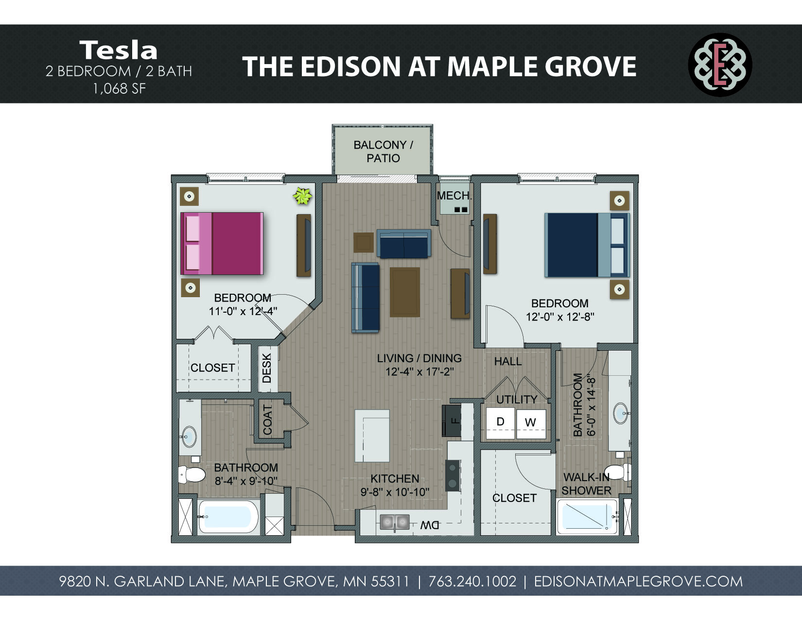 Floor plan for 2 beds, 2 baths, 1068 sqft
