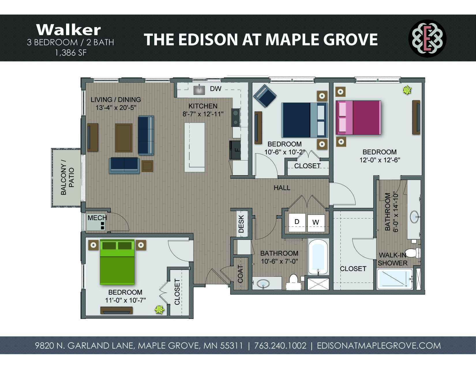 Floor plan for 3 beds, 2 baths, 1386 sqft