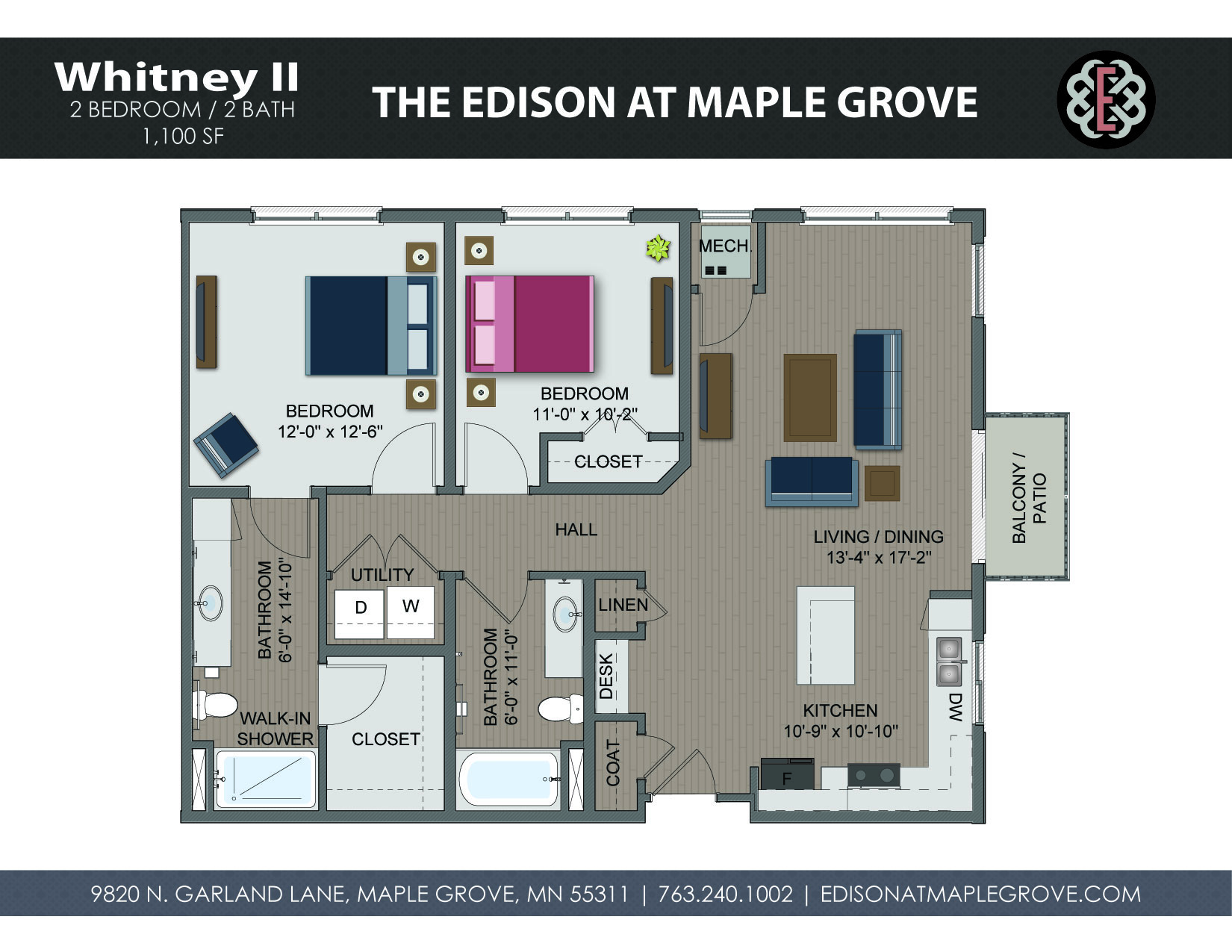 Floor plan for 2 beds, 2 baths, 1100 sqft