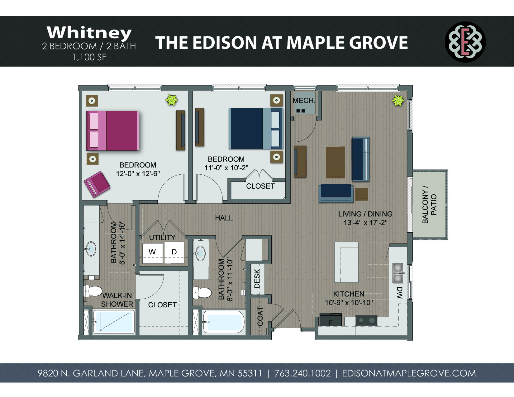 Floor plan for 2 beds, 2 baths, 1100 sqft