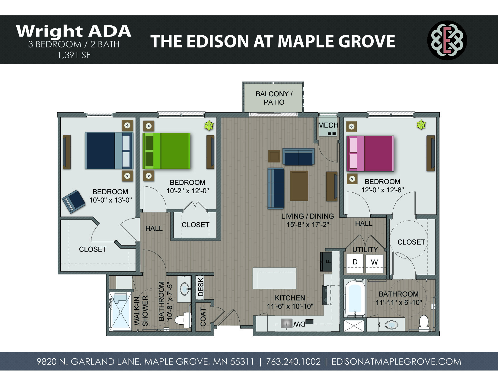 Floor plan for 3 beds, 2 baths, 1391 sqft