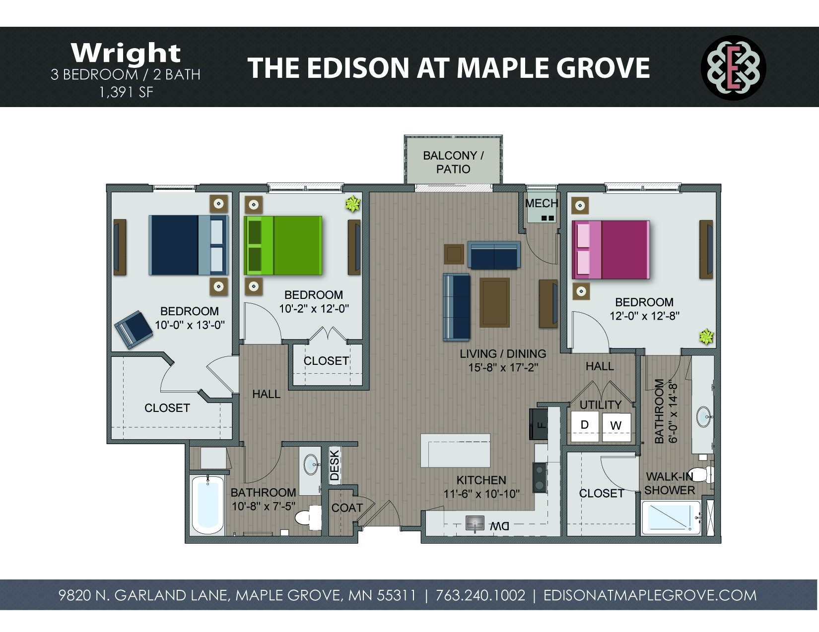 Floor plan for 3 beds, 2 baths, 1391 sqft