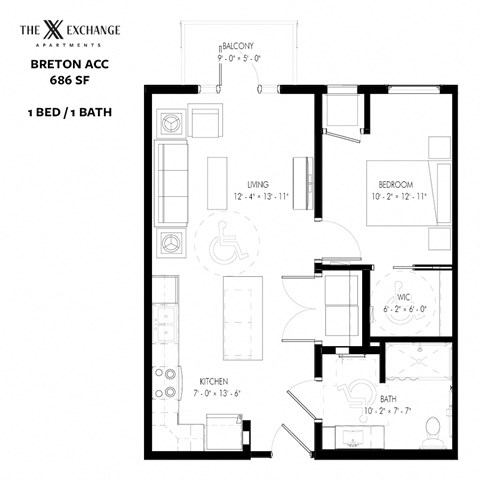 Floor plan for 1 bed, 1 bath, 686 sqft