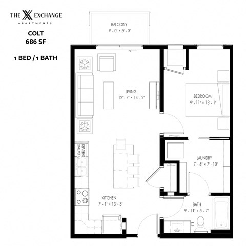 Floor plan for 1 bed, 1 bath, 686 sqft