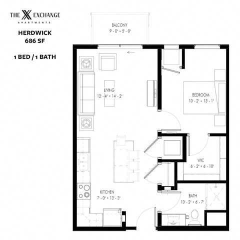 Floor plan for 1 bed, 1 bath, 686 sqft