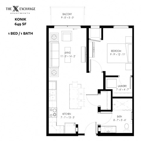 Floor plan for 1 bed, 1 bath, 649 sqft