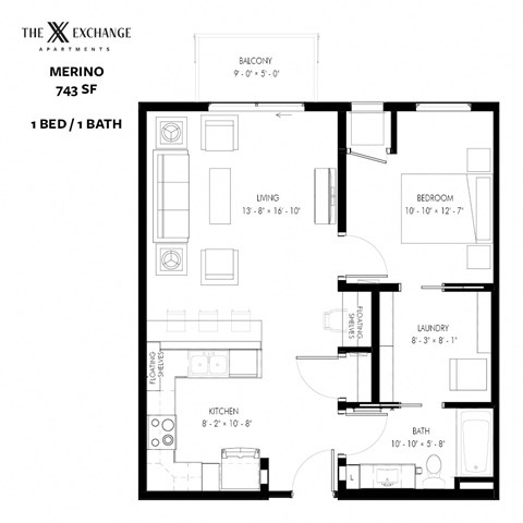 Floor plan for 1 bed, 1 bath, 743 sqft