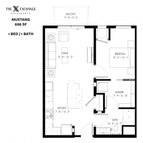 Floor plan for 1 bed, 1 bath, 686 sqft