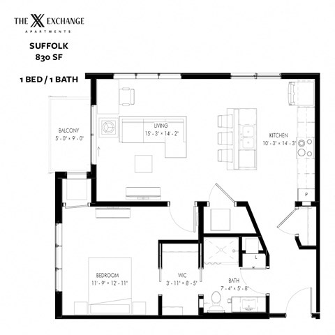 Floor plan for 1 bed, 1 bath, 830 sqft