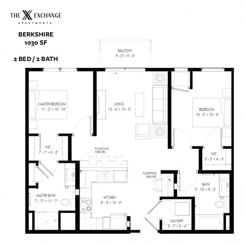 Floor plan for 2 beds, 2 baths, 1030 sqft