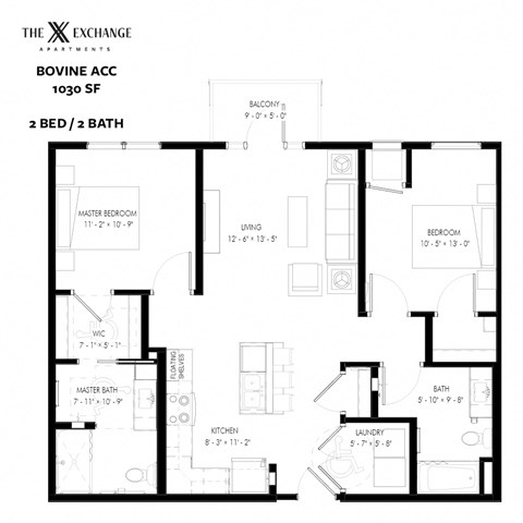 Floor plan for 2 beds, 2 baths, 1030 sqft