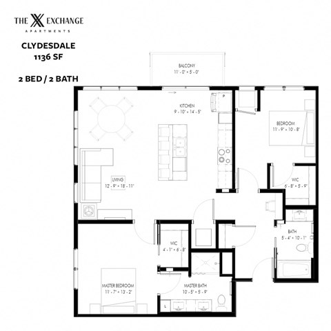 Floor plan for 2 beds, 2 baths, 1136 sqft