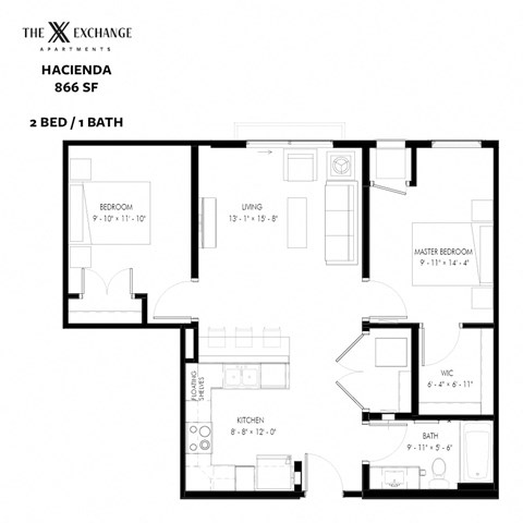Floor plan for 2 beds, 1 bath, 866 sqft