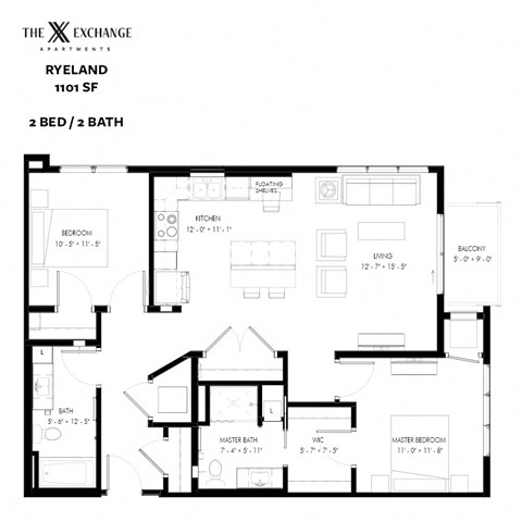 Floor plan for 2 beds, 2 baths, 1101 sqft
