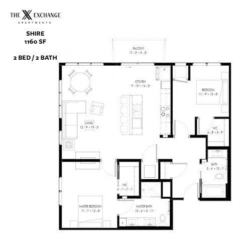 Floor plan for 2 beds, 2 baths, 1160 sqft