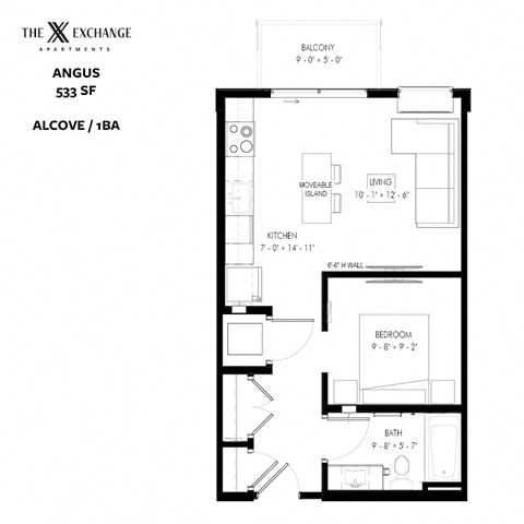 Floor plan for studio, 1 bath, 533 sqft
