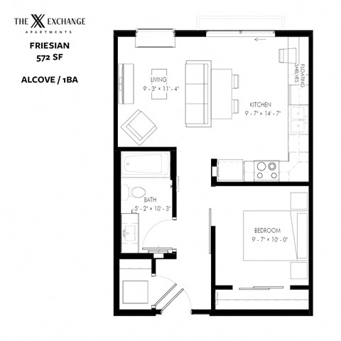 Floor plan for studio, 1 bath, 572 sqft