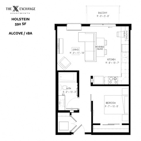 Floor plan for studio, 1 bath, 592 sqft